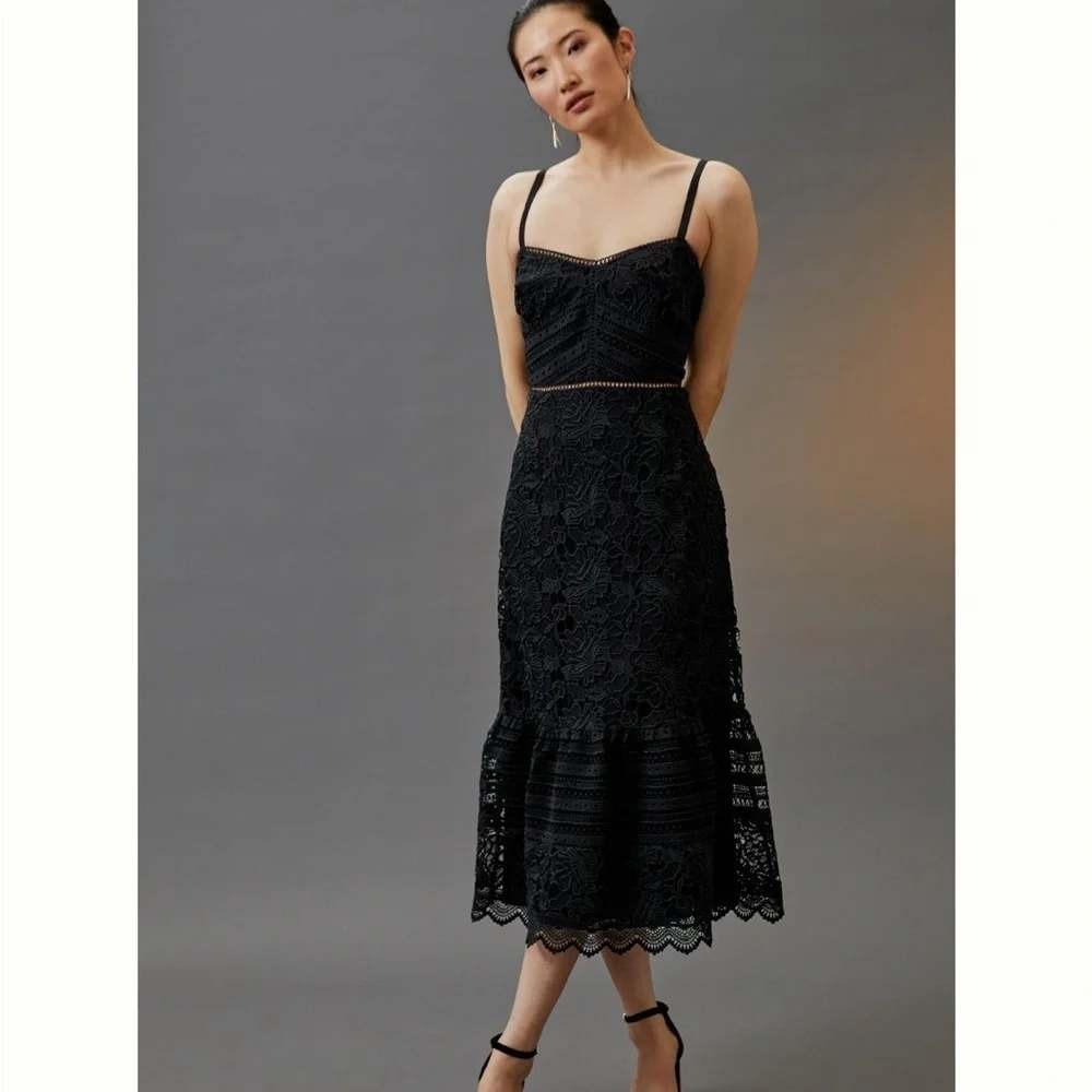 By Anthropologie Slim Lace Midi Dress 4 Black Open Work Crochet Smocked Trumpet